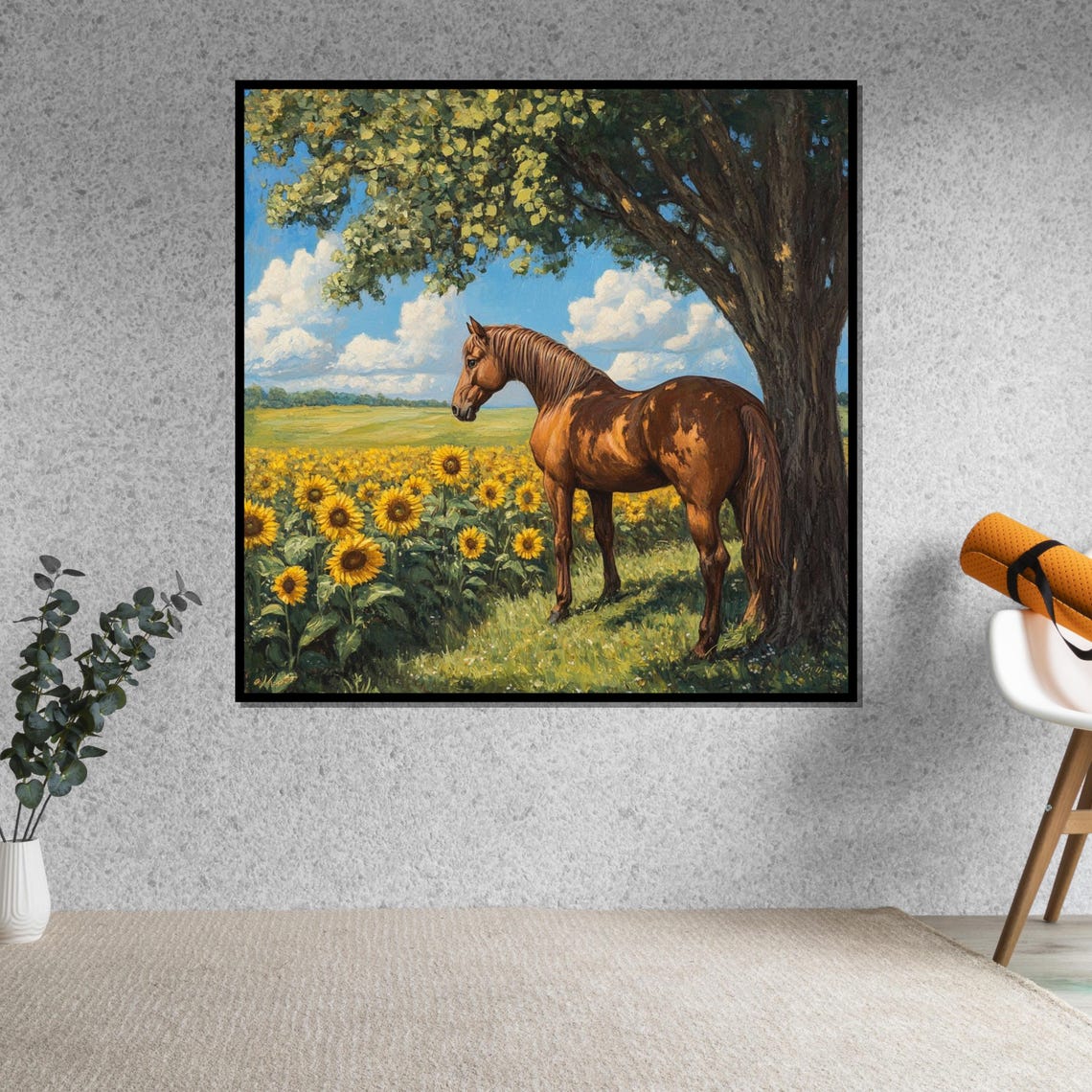 Chestnut Horse By A Tree In A Sunflower Field Pastoral Art Poster - Image 5