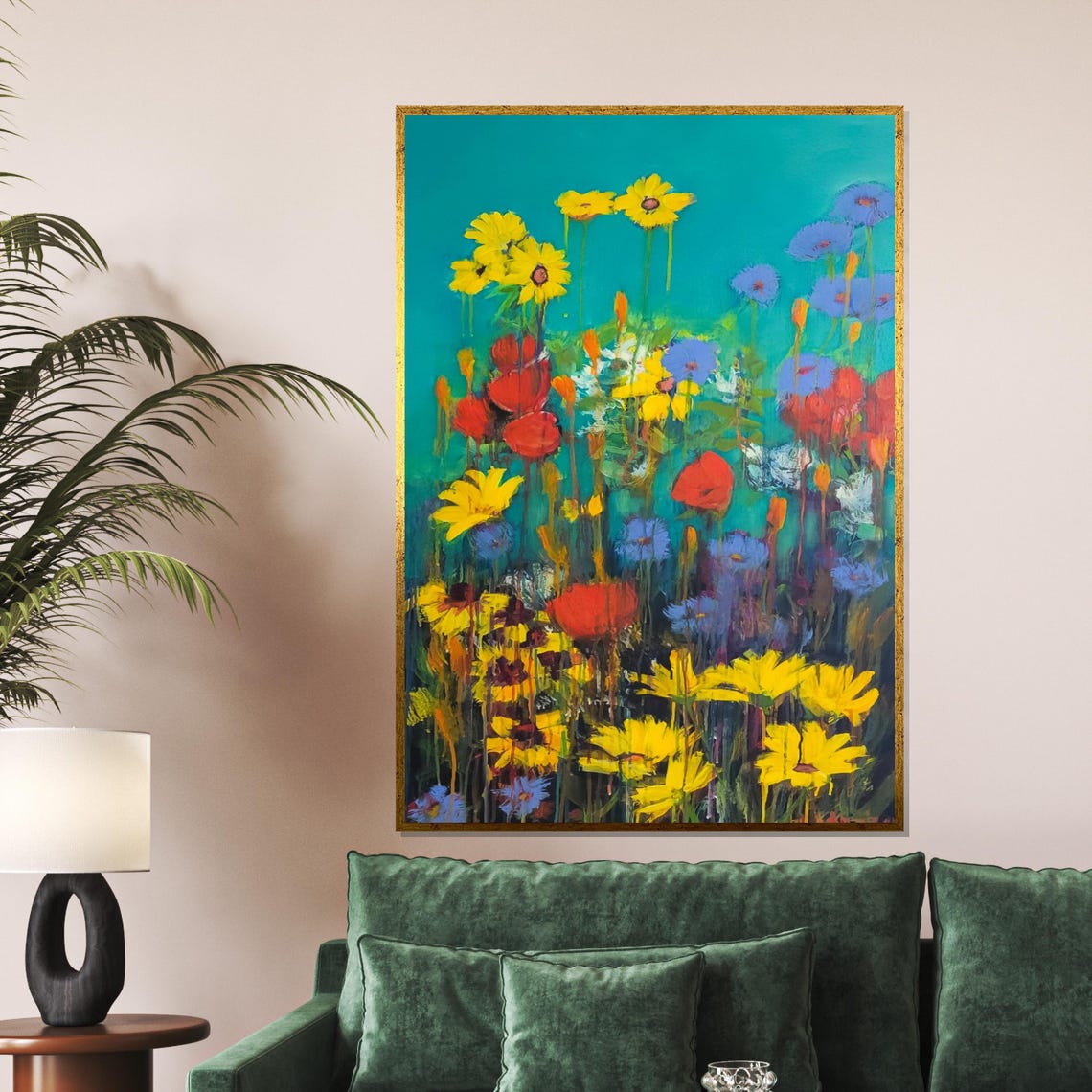 Colorful Wildflowers Teal Background Abstract Floral Art Poster