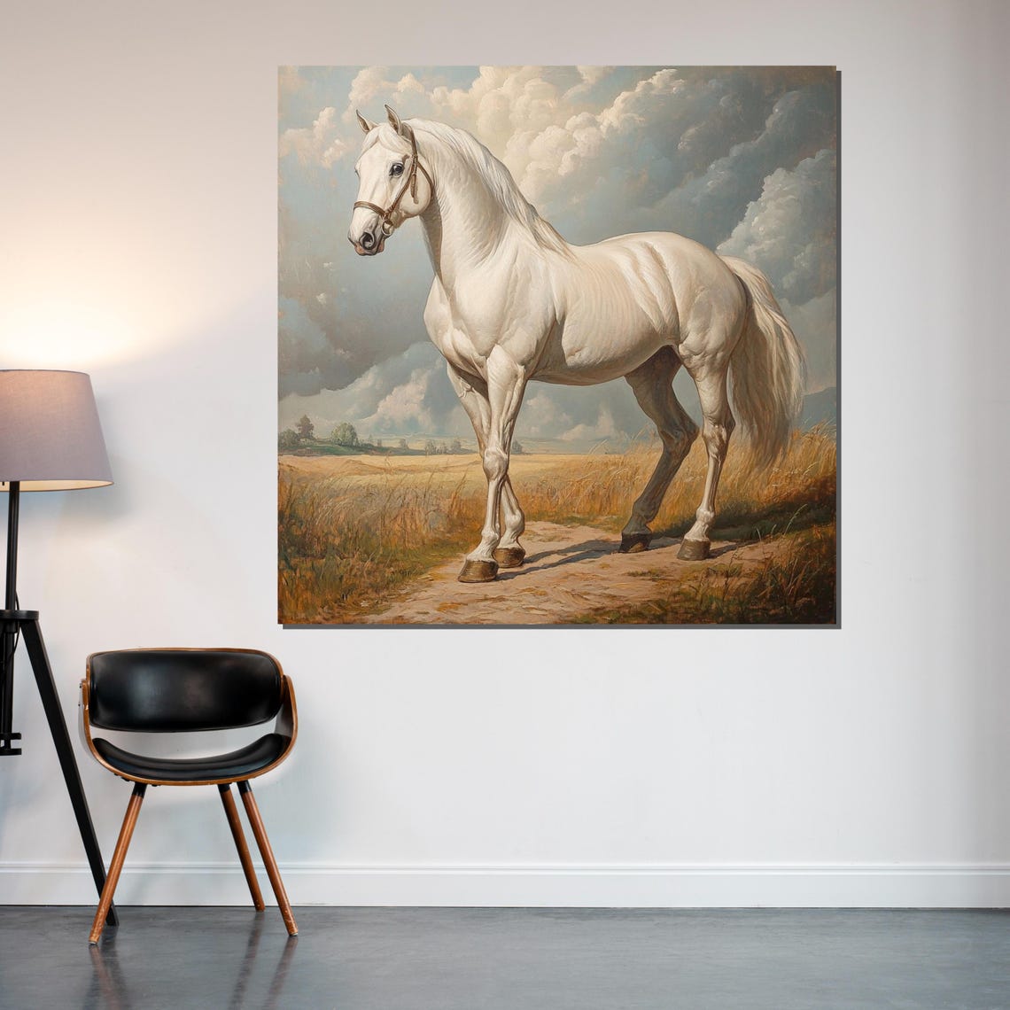 White Stallion On A Country Path Under Cloudy Sky Equine Art Poster - Image 2