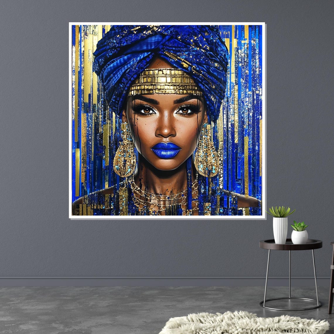 Blue And Gold African Queen Portrait Regal Headwrap Elegant Wall Art - Image 3