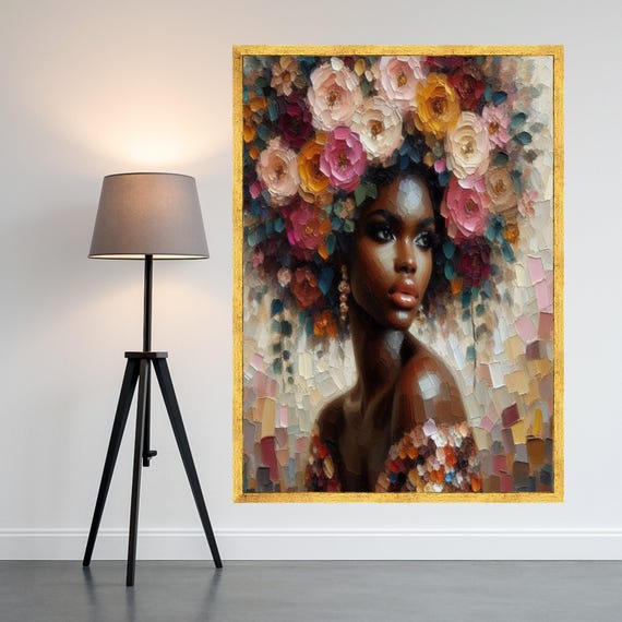 Elegant African Woman Portrait With Floral Crown Impasto Canvas Wall Art Modern Ethnic Female Artwork Home Decor Ready To Hang