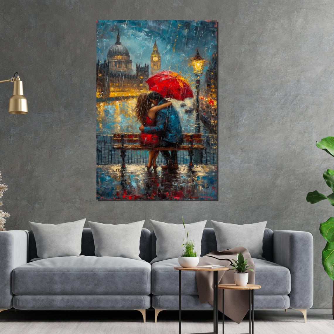 Rainy London Kiss Couple Under Red Umbrella Big Ben Night Poster - Image 2