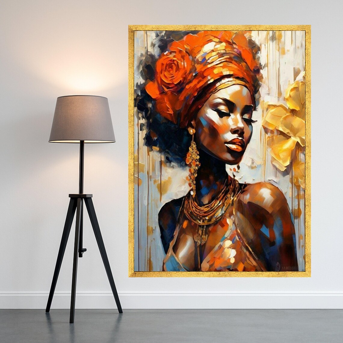 African Woman Orange Headwrap Impasto Portrait Canvas Wall Art