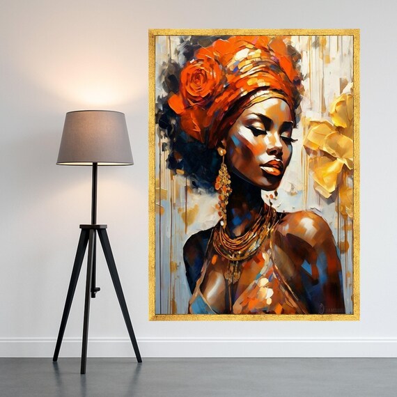 African Woman Orange Headwrap Impasto Portrait Canvas Wall Art