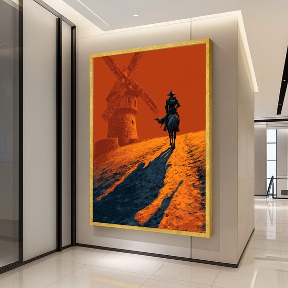 Don Quixote Horseback Windmill Sunset Silhouette Literary Art Poster