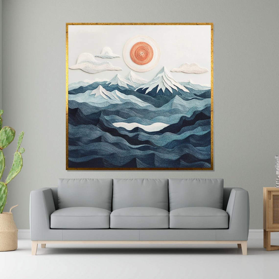 Stitched Blue Mountain Peaks Embroidered Thread Landscape Poster