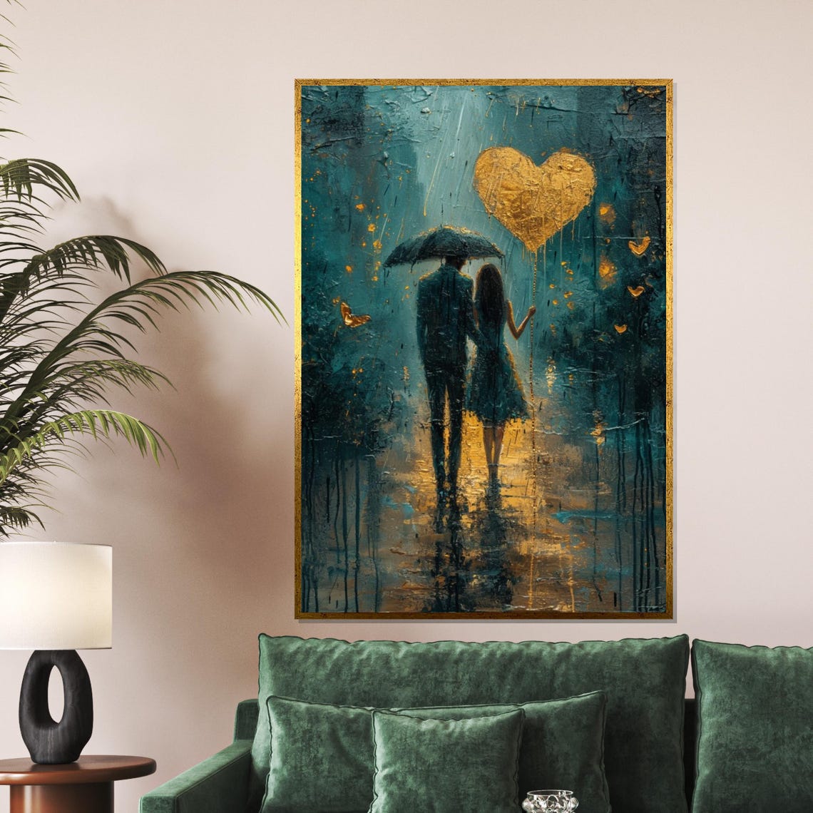 Couple Under Umbrella With Golden Heart Balloon Rainy Stroll Poster