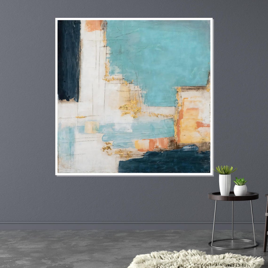 Turquoise and Blue Abstract Modern Art with Gold Leaf Accents Poster - Image 3