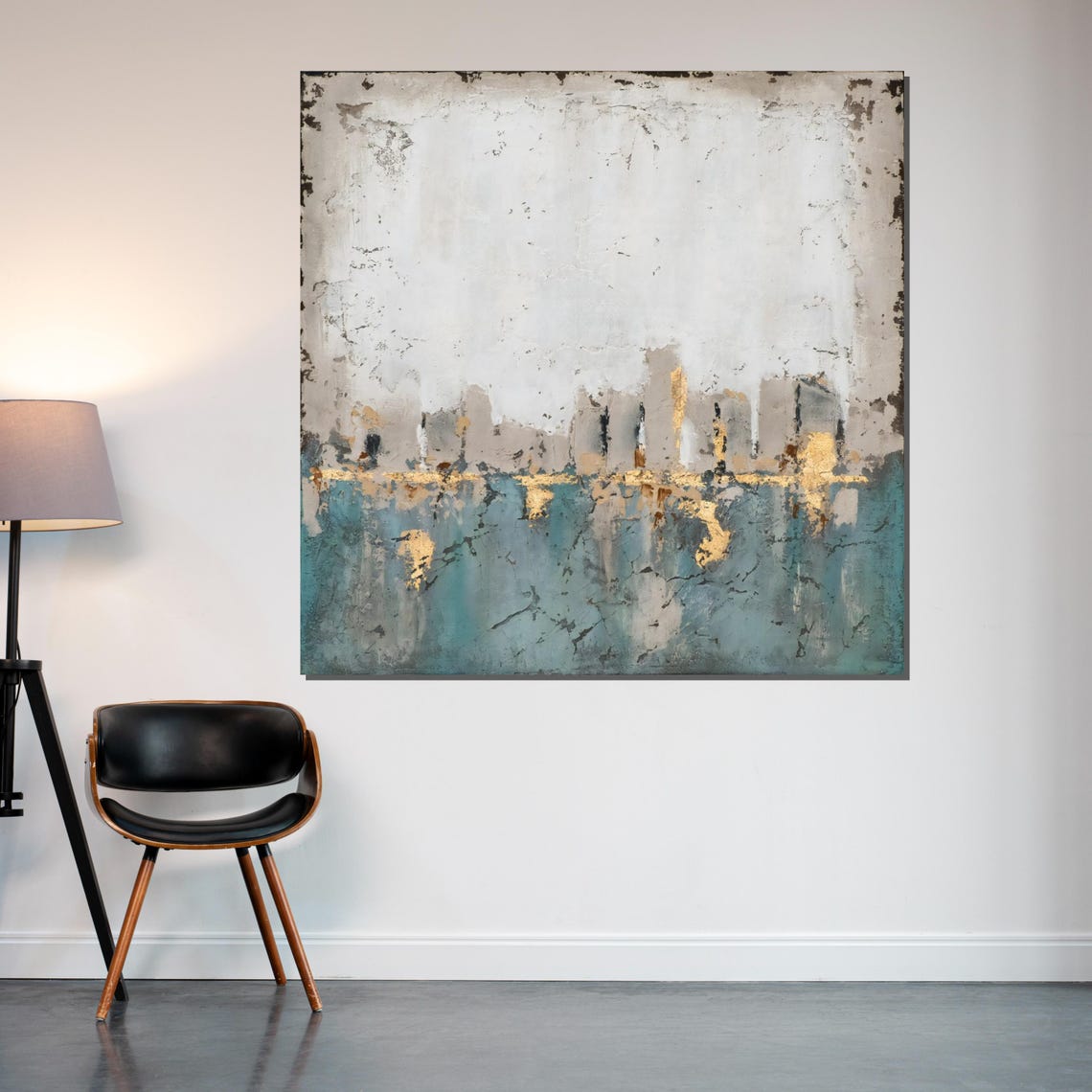 Misty Cityscape Teal And Gold Abstract Skyline Reflection Print - Image 2