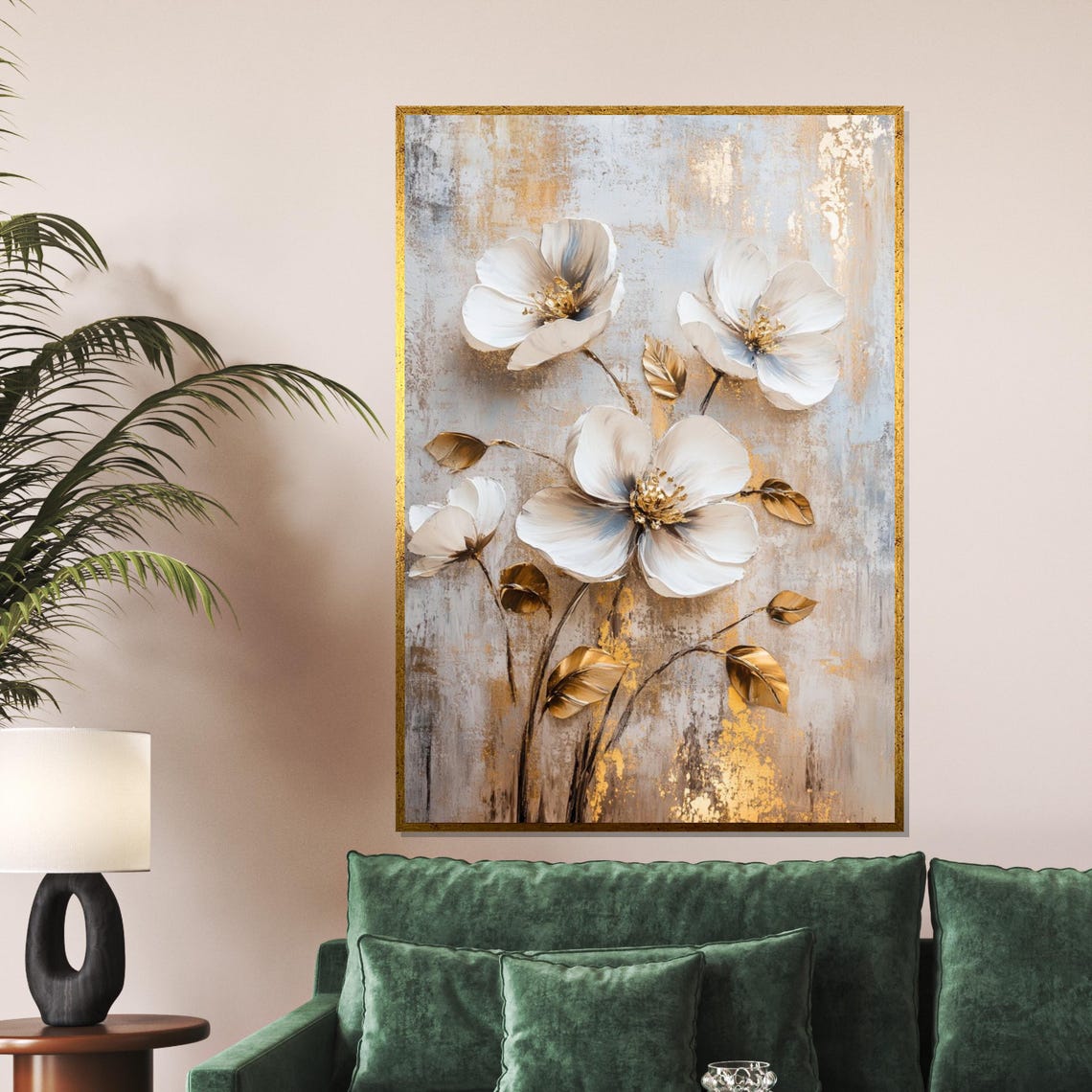 White Magnolia Golden Leaves Beige Background Elegant Art Poster
