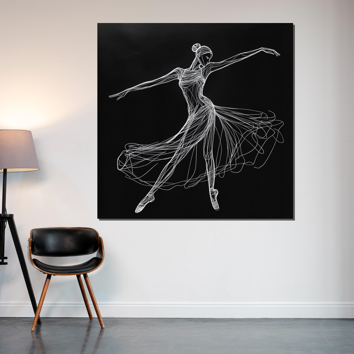Elegant Ballerina White Line Art Black Background Minimal Poster - Image 2