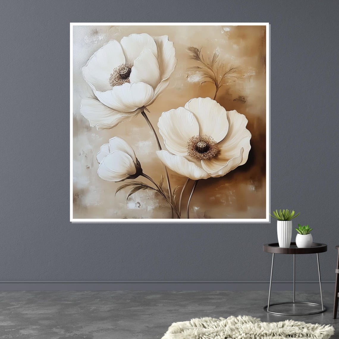 Elegant White Poppy Flowers Soft Beige Minimalist Floral Poster - Image 3