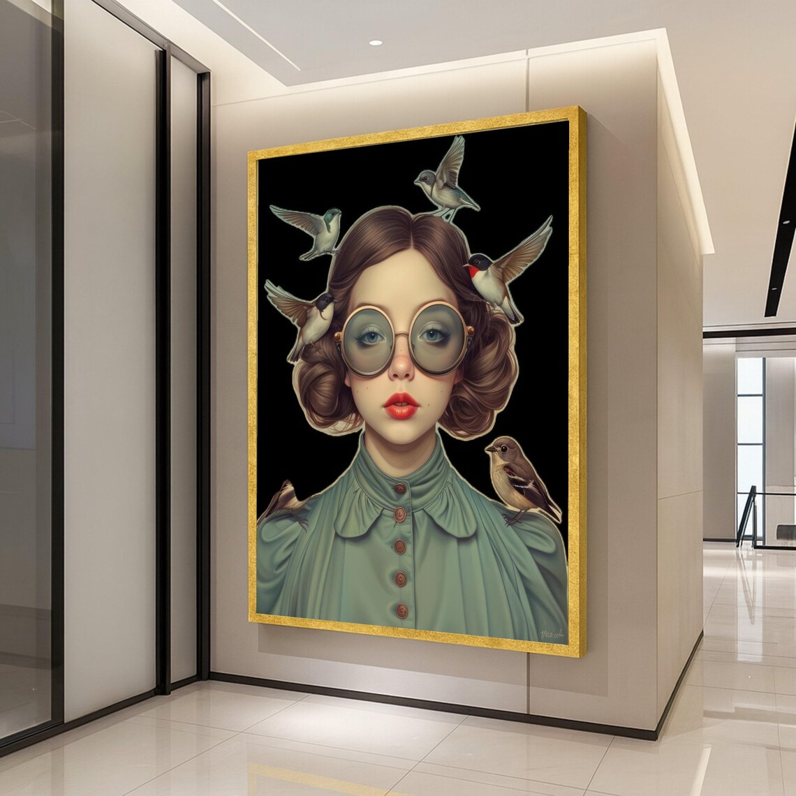 Surreal Girl With Birds Round Glasses Vintage Portrait Art Poster