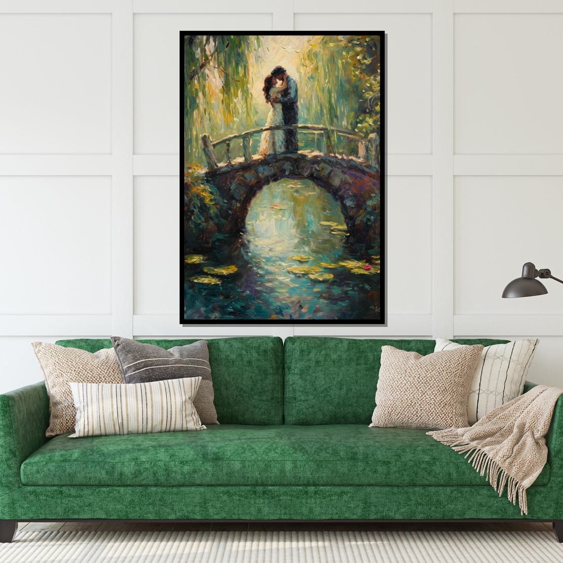 Lovers Kissing On Stone Bridge Over Lily Pond Impressionist Art Poster - Image 5