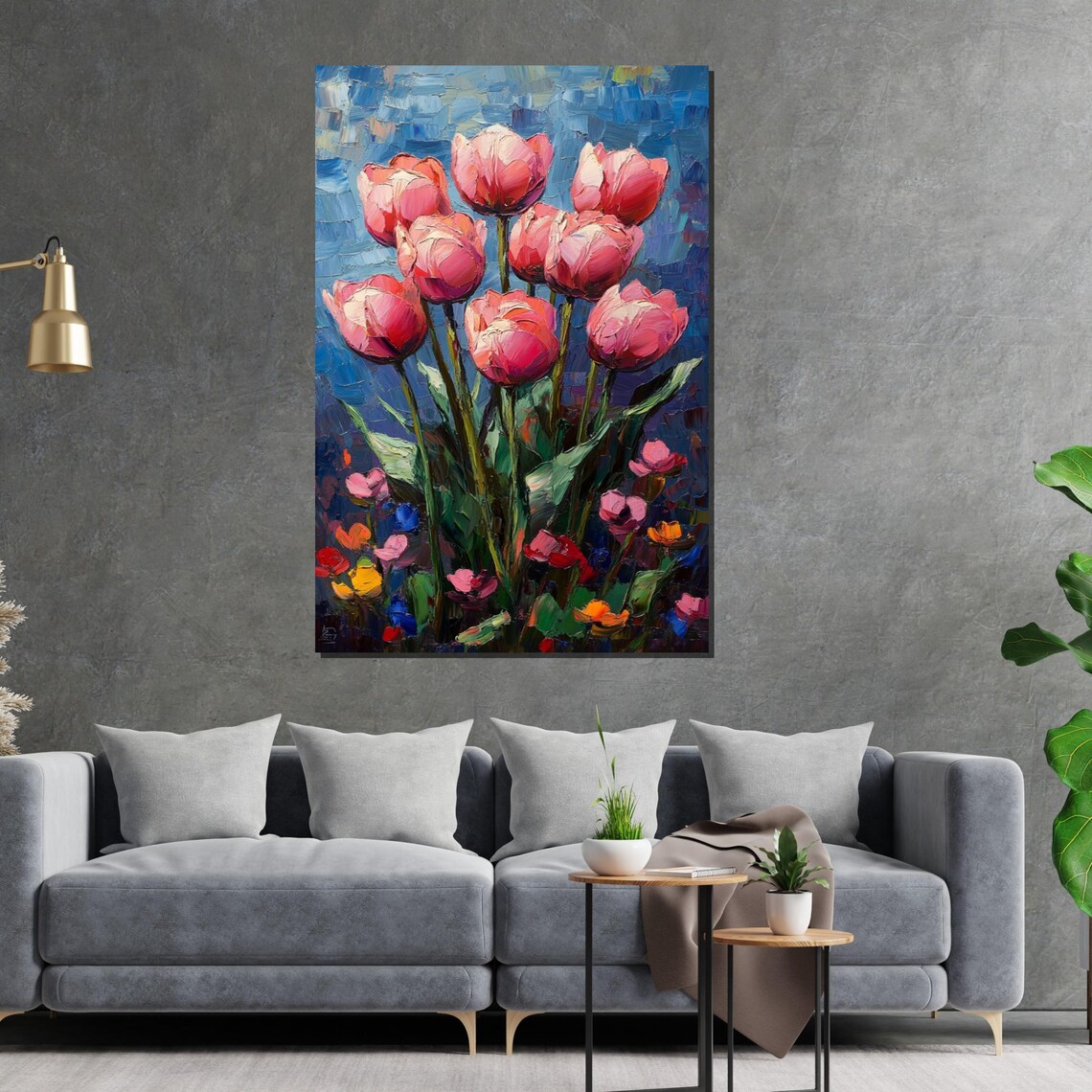 Pink Tulips Blue Background Vibrant Oil Painting Floral Art Poster - Image 2