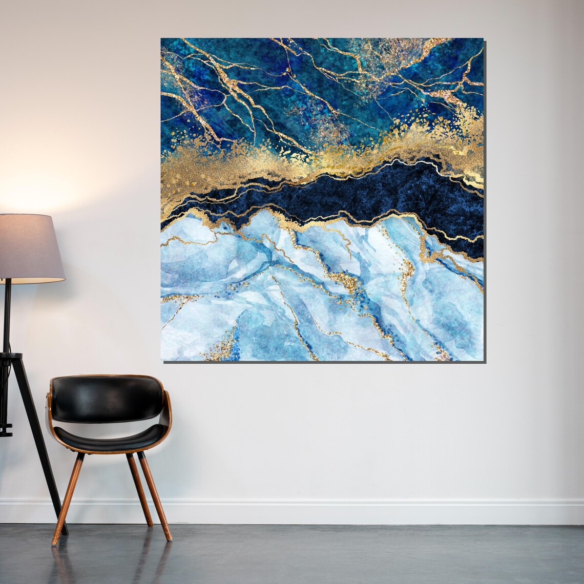 Blue Marble Gold Veins Luxury Abstract Stone Swirl Elegant Wall Art - Image 2