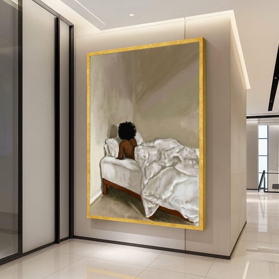 Quiet Morning Solitude Minimalist Bedroom Canvas Afro Woman Wall Art Contemporary Decor Relaxing Home Ready To Hang