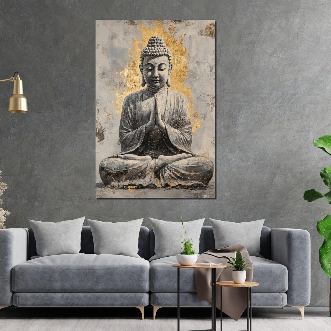 Monochrome Buddha Praying Hands Gold Halo Spiritual Art Poster - Image 2