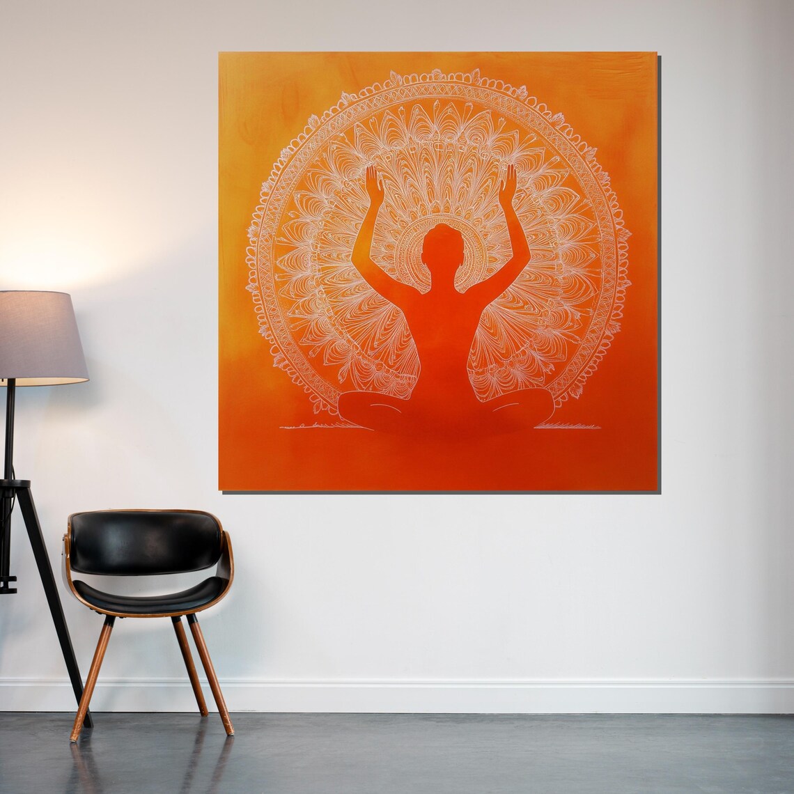 Orange Meditation Silhouette White Mandala Modern Yoga Art Poster - Image 2