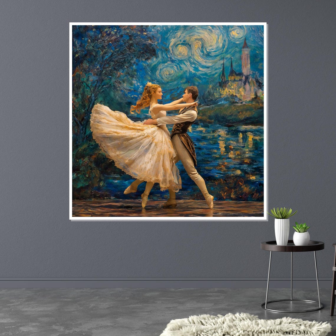 Ballet Couple Dancing Under Swirling Starry Night Sky Art Poster - Image 3