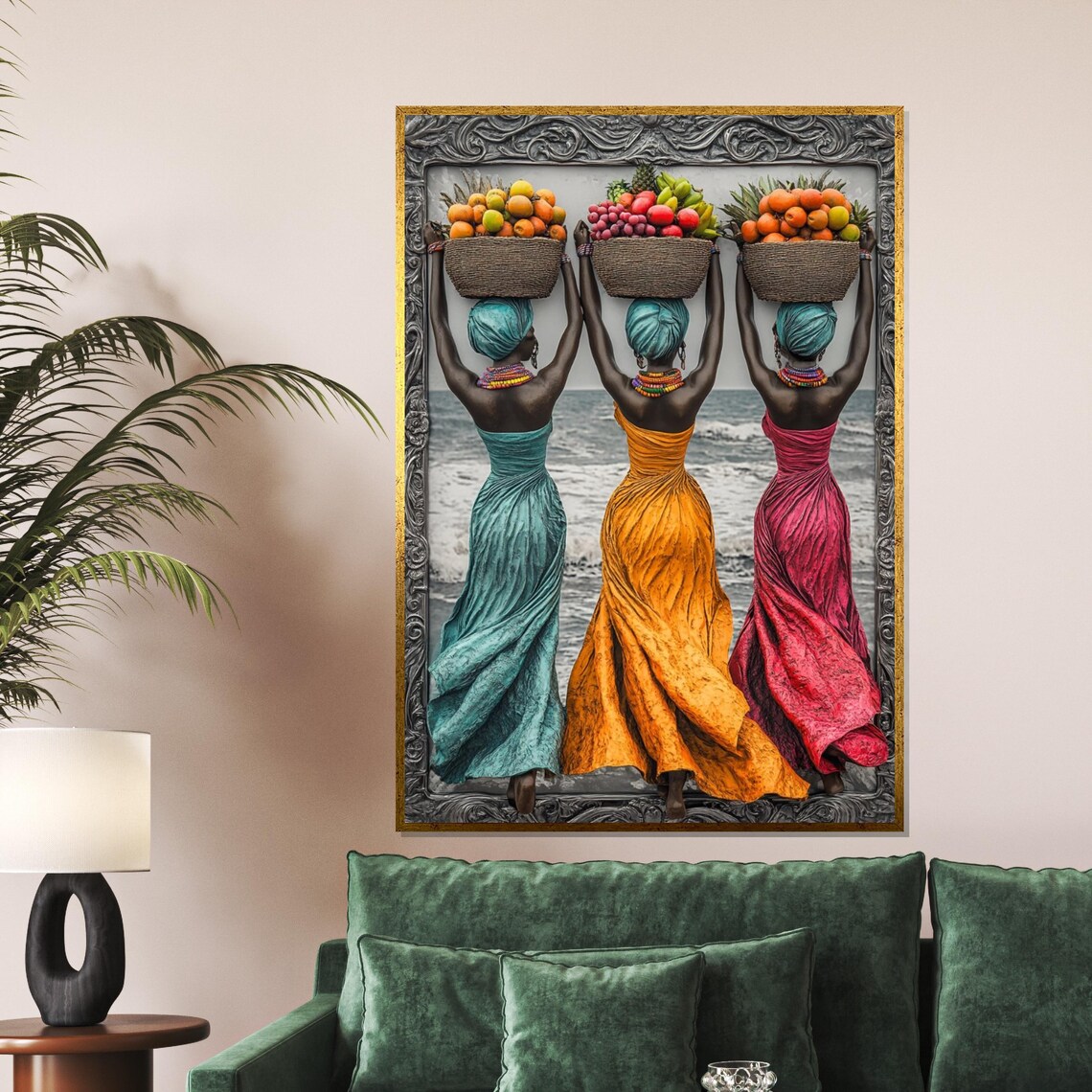 Three Women Fruit Baskets Colorful African Beach Scene Art Poster