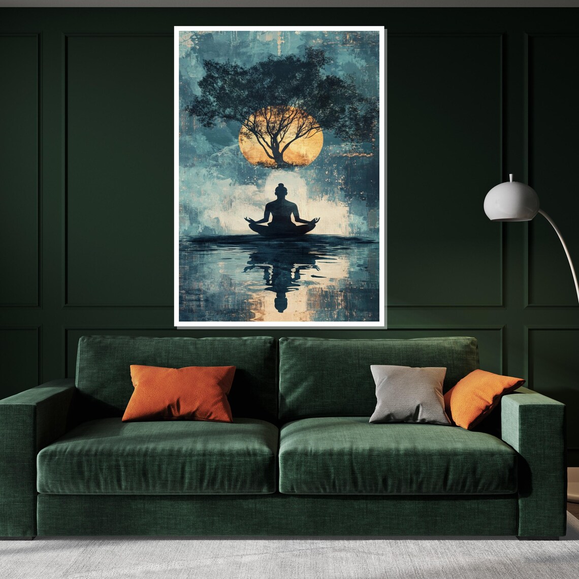 Moonlit Meditation Silhouette Tree and Lake Modern Yoga Art Poster - Image 3
