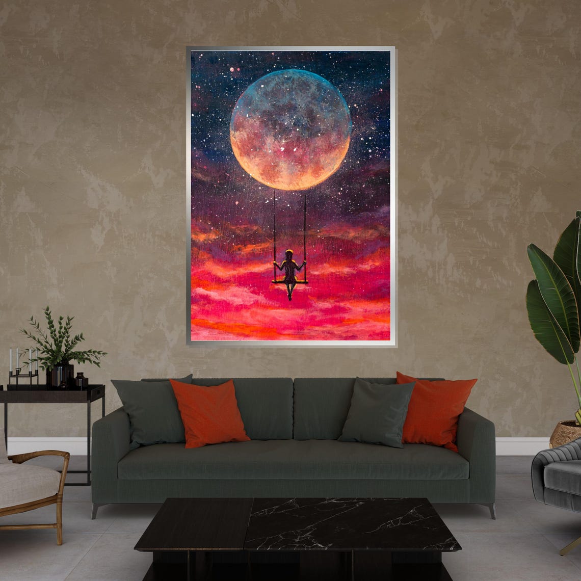 Girl On Swing Under Giant Moon Pink Clouds Dreamy Night Sky Poster - Image 4