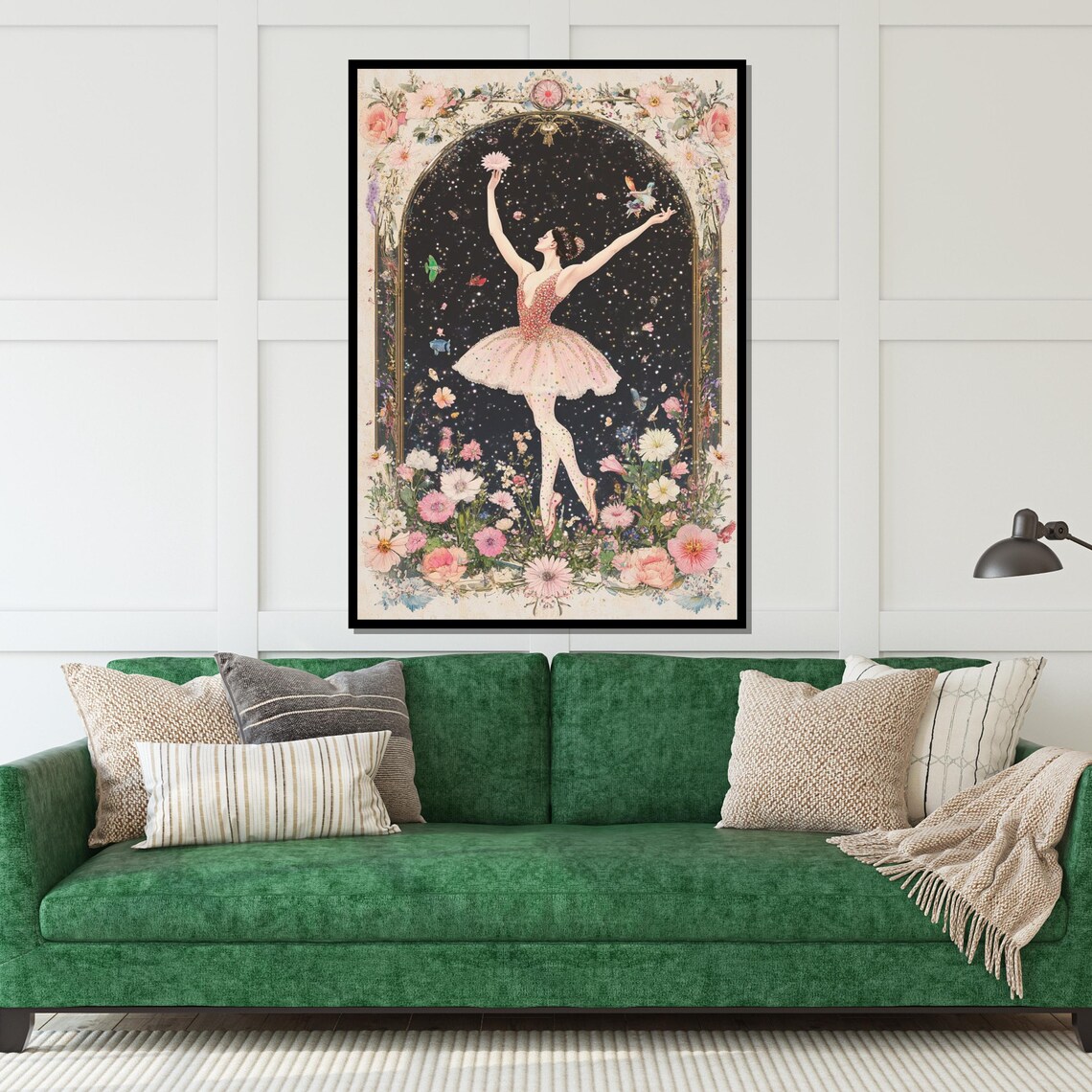 Pink Tutu Ballerina in a Floral Arch Under Starry Night Art Poster - Image 5