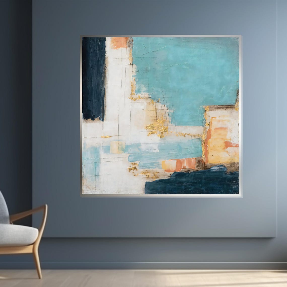 Turquoise and Blue Abstract Modern Art with Gold Leaf Accents Poster - Image 4