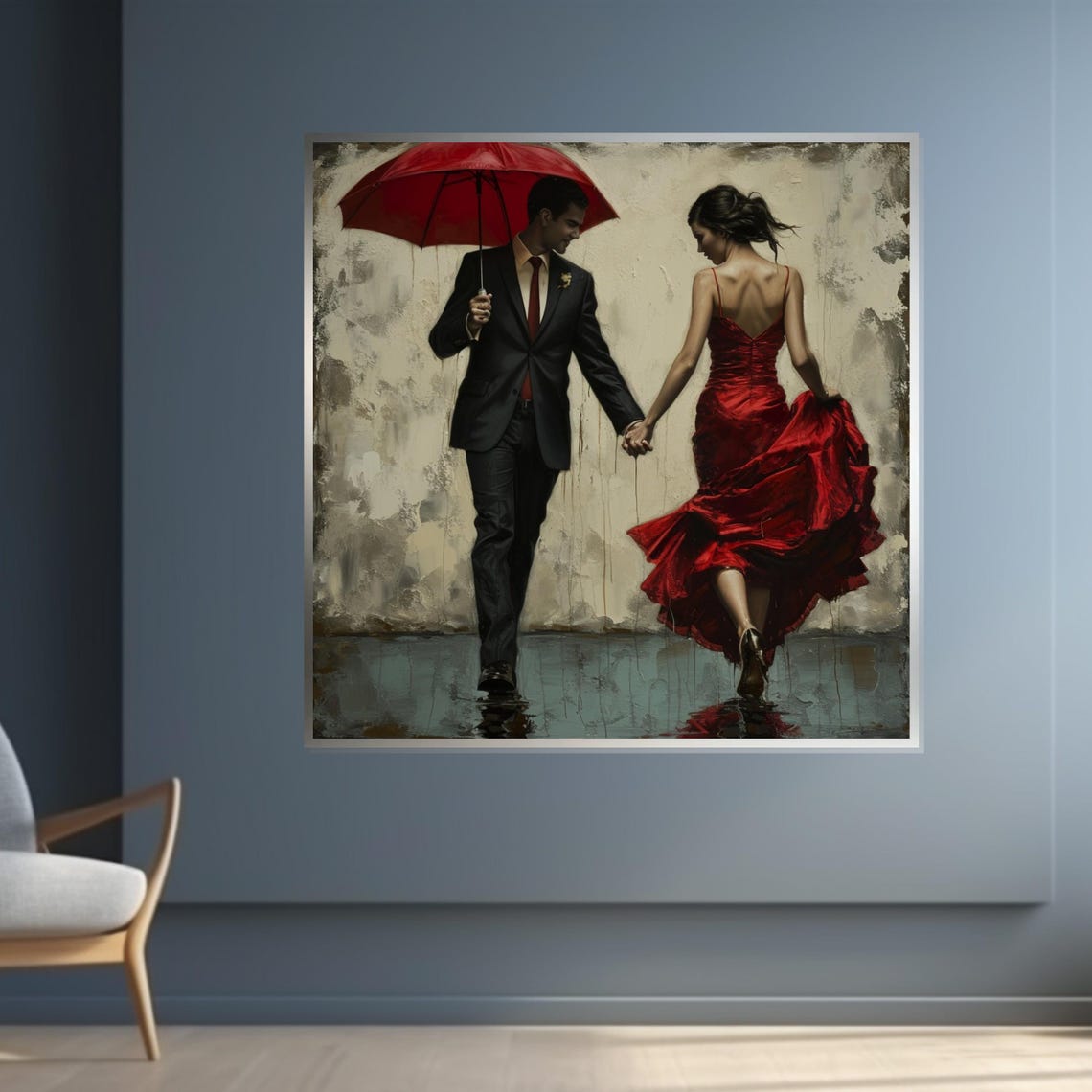 Couple Walking in Rain Under Red Umbrella Romantic Art Poster - Image 4