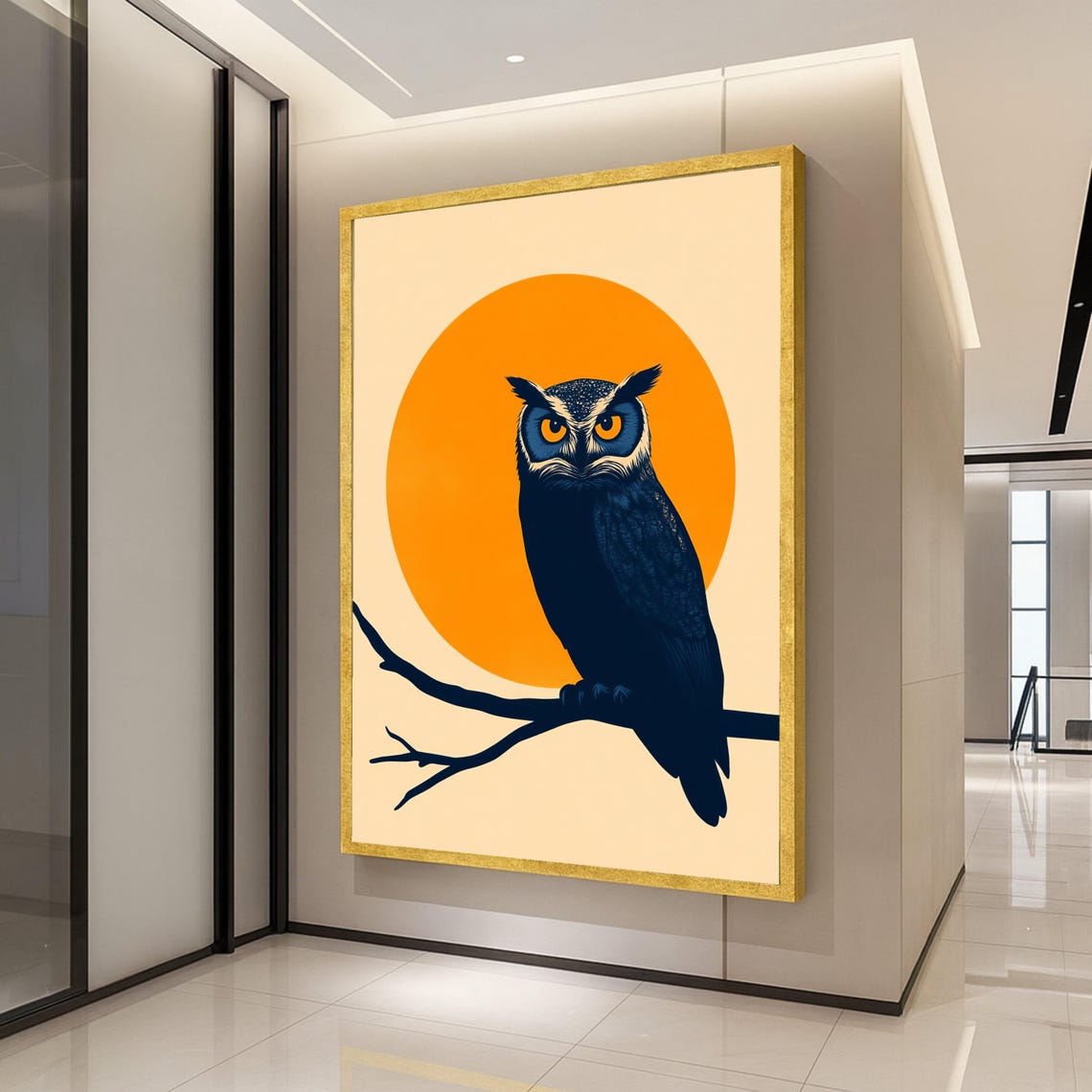 Owl Silhouette Navy Blue on Orange Sun Abstract Bold Bird Poster