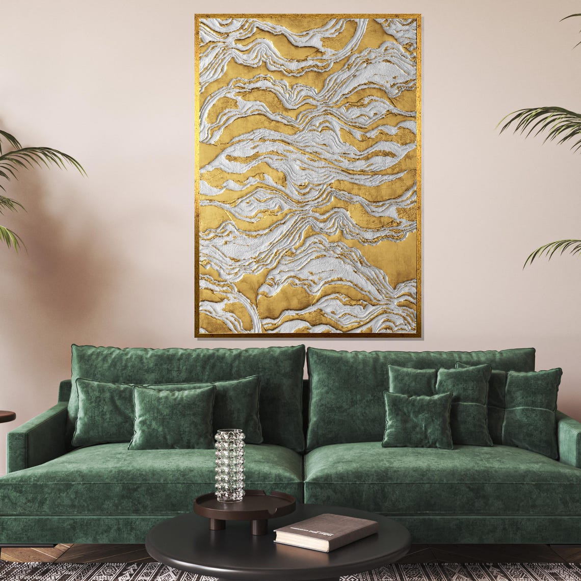 Gold White Wave Texture Flowing Layers Modern Abstract Poster