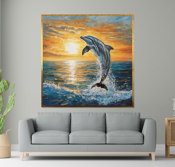 Dolphin Sunset Ocean Animal Wall Art Jumping Dolphin Wall Print Sea Life Poster Wall Art Design Ready To Hang Decor