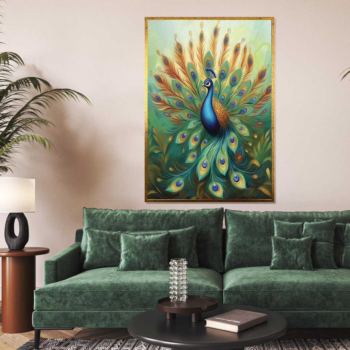 Peacock Full Fan Tail Teal Gold Painterly Exotic Bird Art Poster