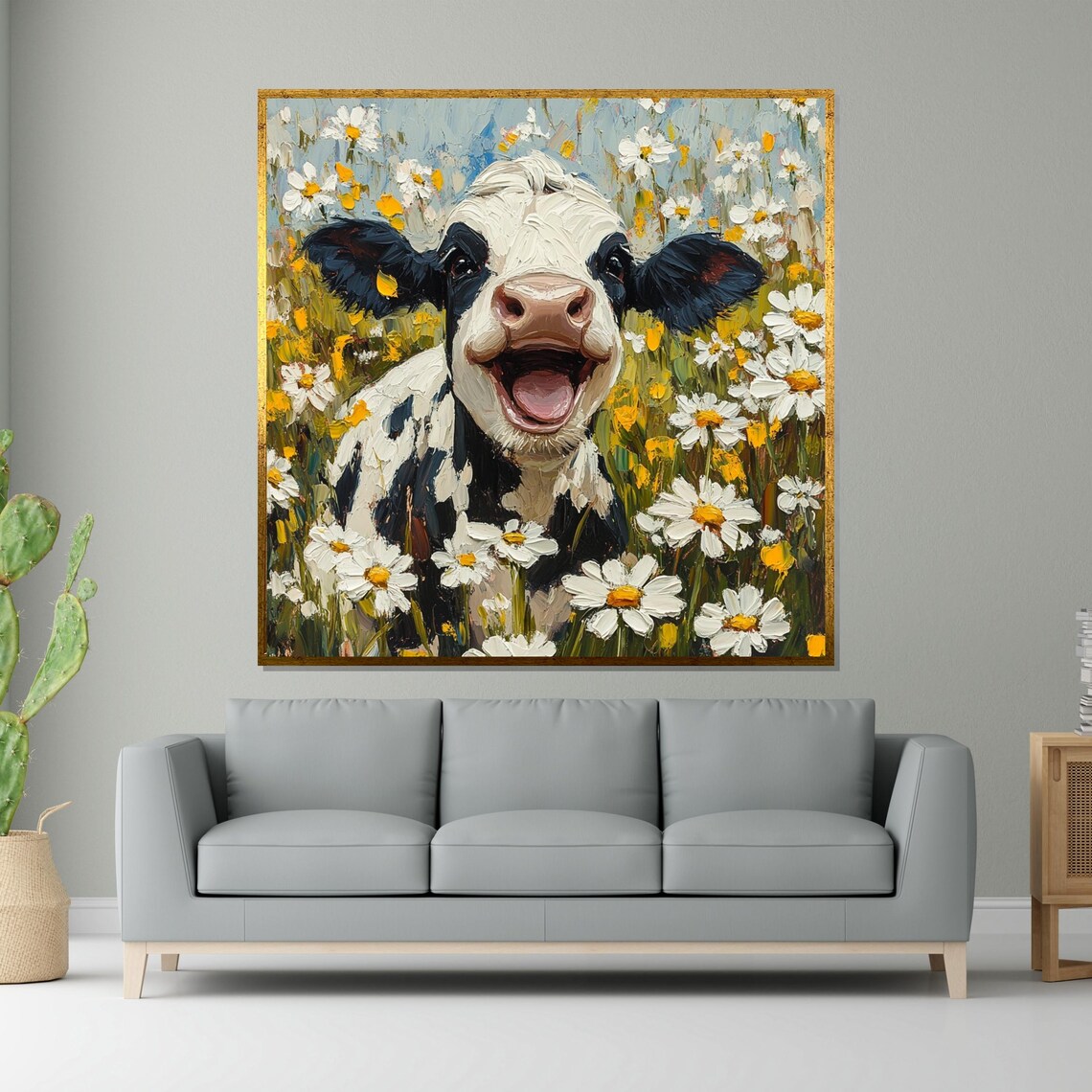 Laughing Cow Among Daisies Happy Farm Animal Funny Art Poster
