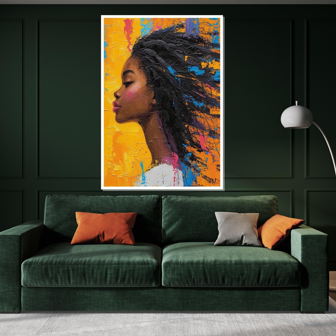 Vibrant Black Woman Profile Flowing Hair Golden Background Art Poster - Image 3