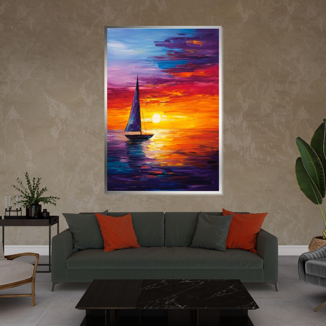 Solitary Sailboat at Vibrant Sunset Purple Orange Ocean Poster - Image 4