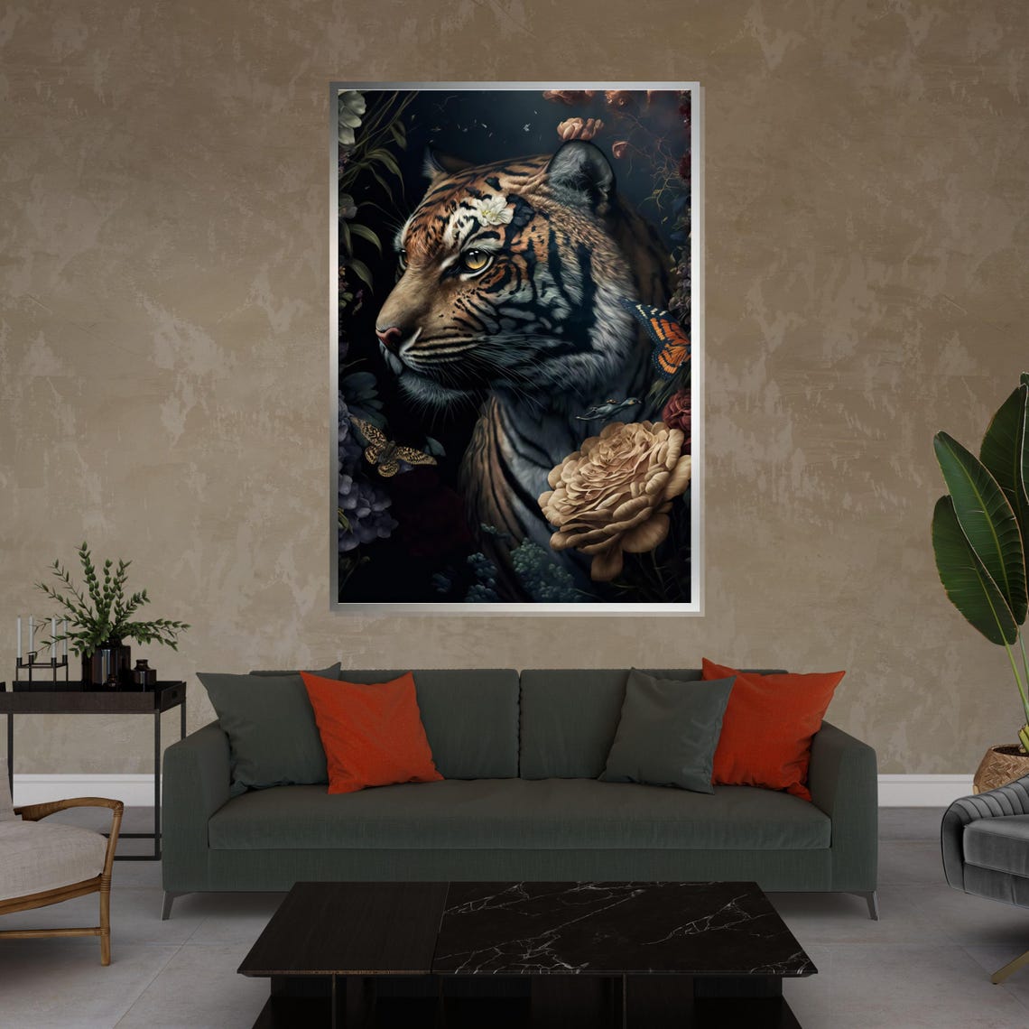 Tiger Profile Dark Botanical Butterflies Floral Jungle Art Poster - Image 4