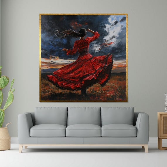 Flamenco Dancer In Red Spanish Dance Art Sunset Dance Print Wall Art Design Ready To Hang Decoration