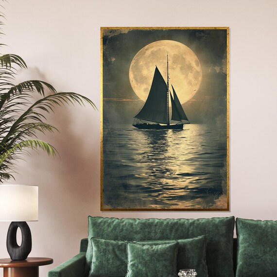 Sailing Moon Canvas Boat Silhouette Under Full Nautical Wall Art Ocean Print Design Ready To Hang