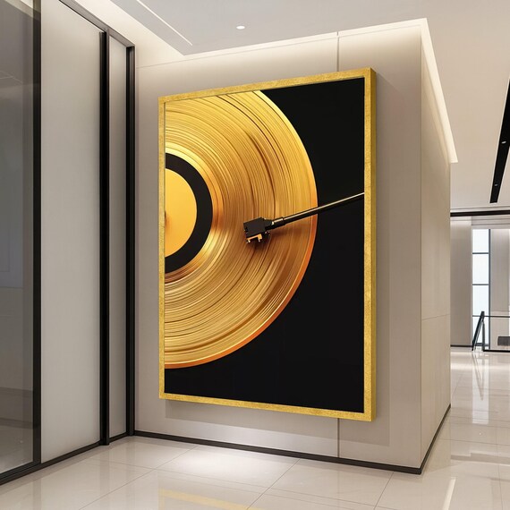 Golden Vinyl Record On Turntable Retro Music Black Gold Wall Poster