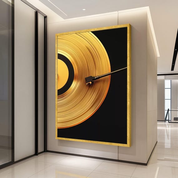 Golden Vinyl Record Turntable Canvas Retro Music Wall Art Vintage Audio Decor Modern Home Decoration Lover Gift Ready To Hang