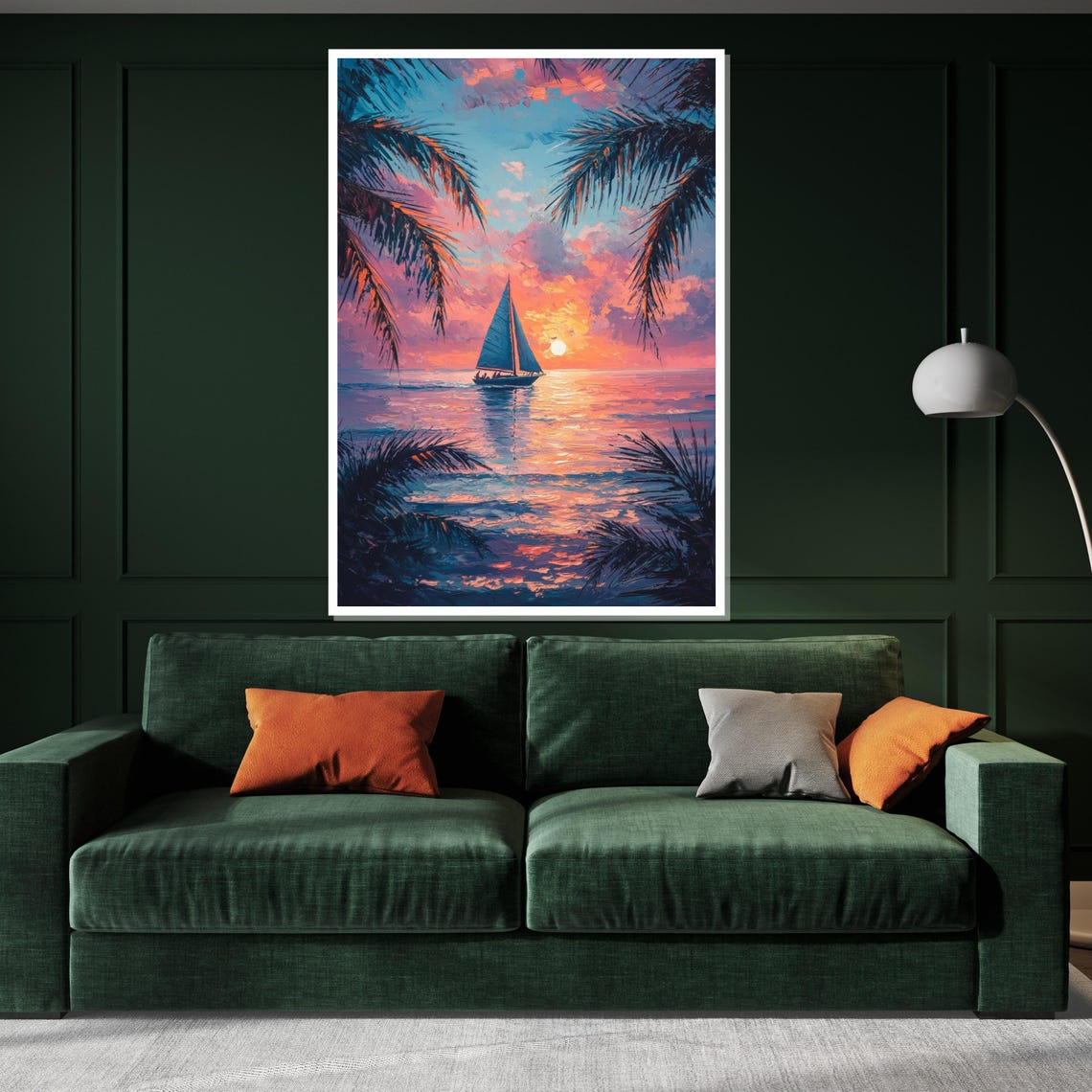 Tropical Sunset Sailboat Palm Trees Pink Sky Ocean Art Poster - Image 3