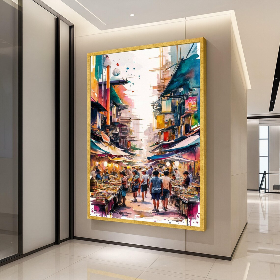Busy Street Market Awnings Crowd Colorful Watercolor Art Poster