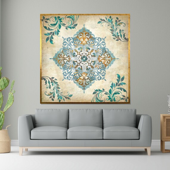 Vintage Blue Gold Ornamental Mandala Filigree Medallion Wall Art