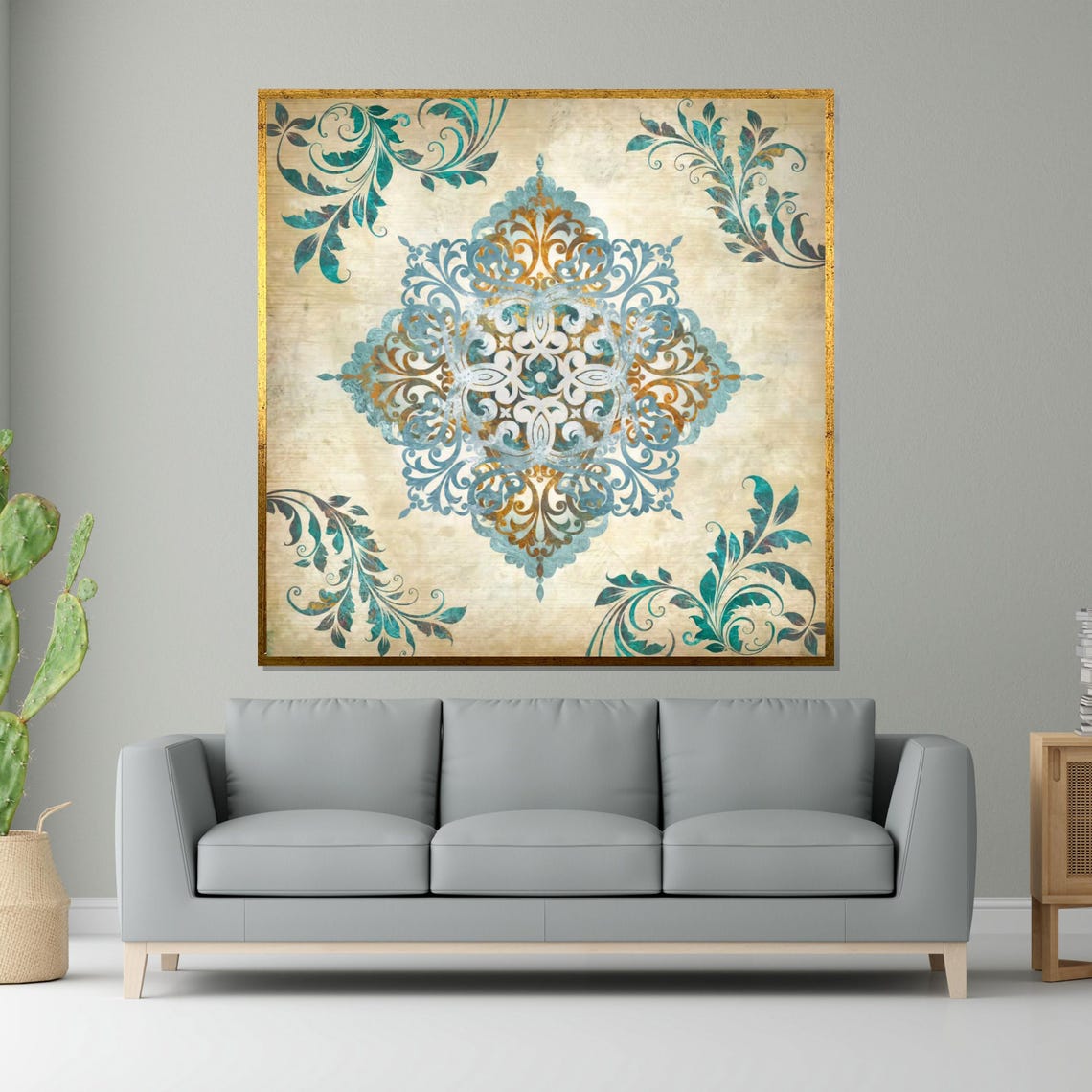 Vintage Blue Gold Ornamental Mandala Filigree Medallion Wall Art