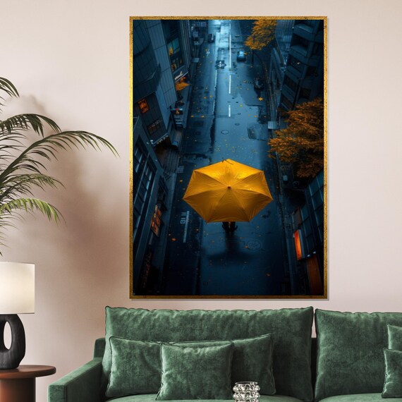 Yellow Umbrella Street Canvas Urban Rainy Day Print Cityscape Wall Art Modern Ready To Hang Home Decor
