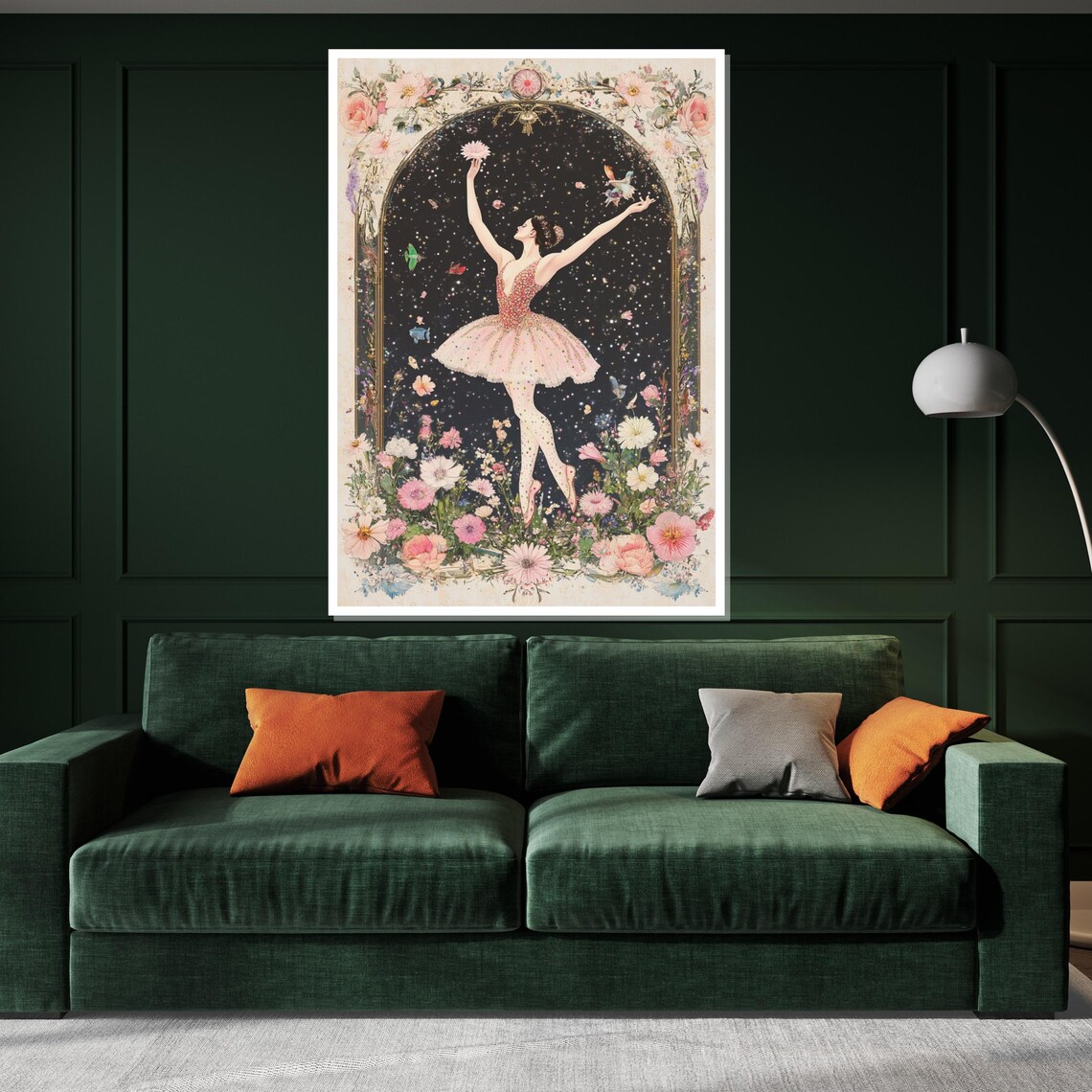 Pink Tutu Ballerina in a Floral Arch Under Starry Night Art Poster - Image 3