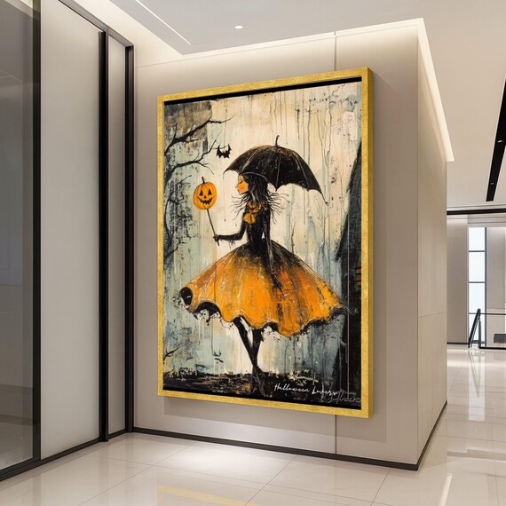 Halloween Girl Canvas Print Whimsical Wall Art Pumpkin Balloon Decoration Dark Artwork Ready To Hang Decor