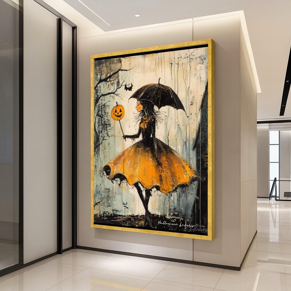 Halloween Girl Umbrella Pumpkin Balloon Whimsical Fall Art Poster